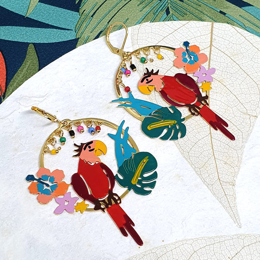 boucles d'oreilles perroquet rouge - cadeau femme - bijoux studioatk - made in france
